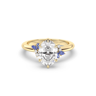 Rose Ring, Latticework Petal Prongs, Sapphire Leaves, Oval Cut