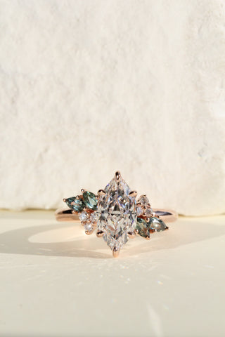 Rose Ring, Latticework Petal Prongs™, Australian Teal Sapphire Leaves, Marquise Cut