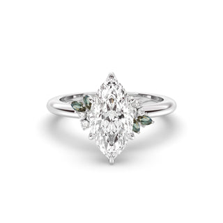 Rose Ring, Latticework Petal Prongs™, Australian Teal Sapphire Leaves, Marquise Cut