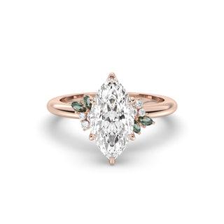 Rose Ring, Latticework Petal Prongs™, Australian Teal Sapphire Leaves, Marquise Cut