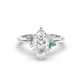 Rose Ring, Latticework Petal Prongs, Teal Moissanite Leaves, Marquise Cut
