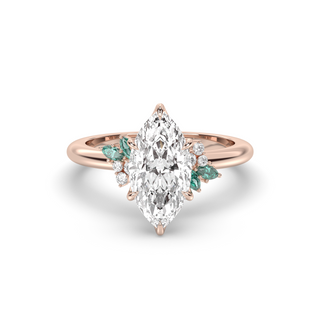 Rose Ring, Latticework Petal Prongs, Teal Moissanite Leaves, Marquise Cut