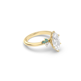 Rose Ring, Latticework Petal Prongs, Teal Moissanite Leaves, Marquise Cut