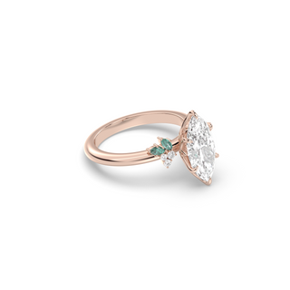 Rose Ring, Latticework Petal Prongs, Teal Moissanite Leaves, Marquise Cut