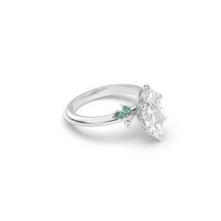 Rose Ring, Latticework Petal Prongs, Teal Moissanite Leaves, Marquise Cut