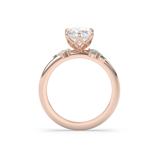 Rose Ring, Latticework Petal Prongs, Teal Moissanite Leaves, Marquise Cut