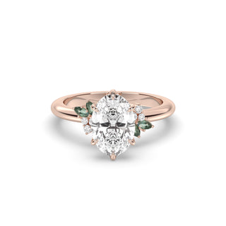 Rose Ring, Latticework Petal Prongs™, Australian Teal Sapphire Leaves, Oval Cut