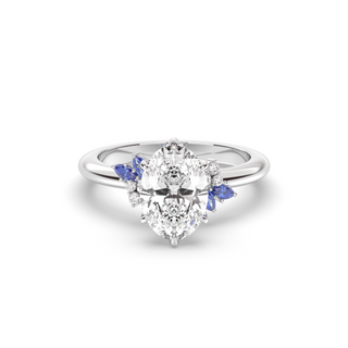 Rose Ring, Latticework Petal Prongs, Sapphire Leaves, Oval Cut