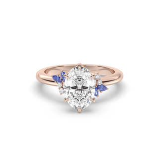 Rose Ring, Latticework Petal Prongs, Sapphire Leaves, Oval Cut