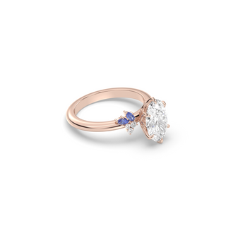 Rose Ring, Latticework Petal Prongs, Sapphire Leaves, Oval Cut