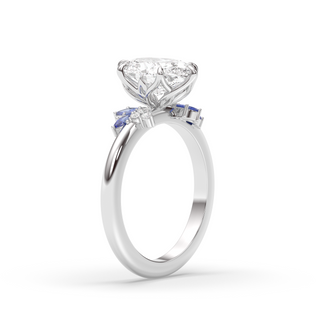 Rose Ring, Latticework Petal Prongs, Sapphire Leaves, Oval Cut