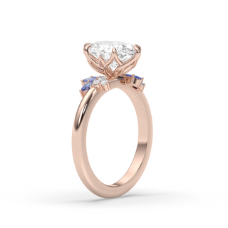 Rose Ring, Latticework Petal Prongs, Sapphire Leaves, Oval Cut