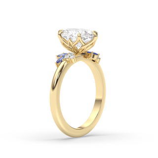 Rose Ring, Latticework Petal Prongs, Sapphire Leaves, Oval Cut