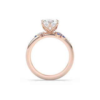 Rose Ring, Latticework Petal Prongs, Sapphire Leaves, Oval Cut
