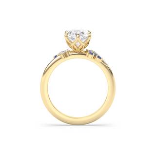 Rose Ring, Latticework Petal Prongs, Sapphire Leaves, Oval Cut